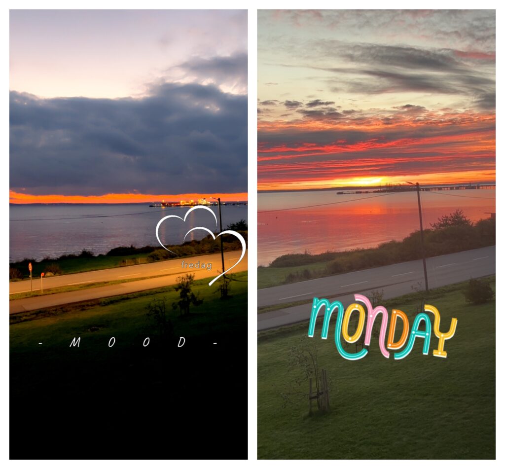 Collage med to bilder hentet fra Snapchat. Utsikt fra boligen.