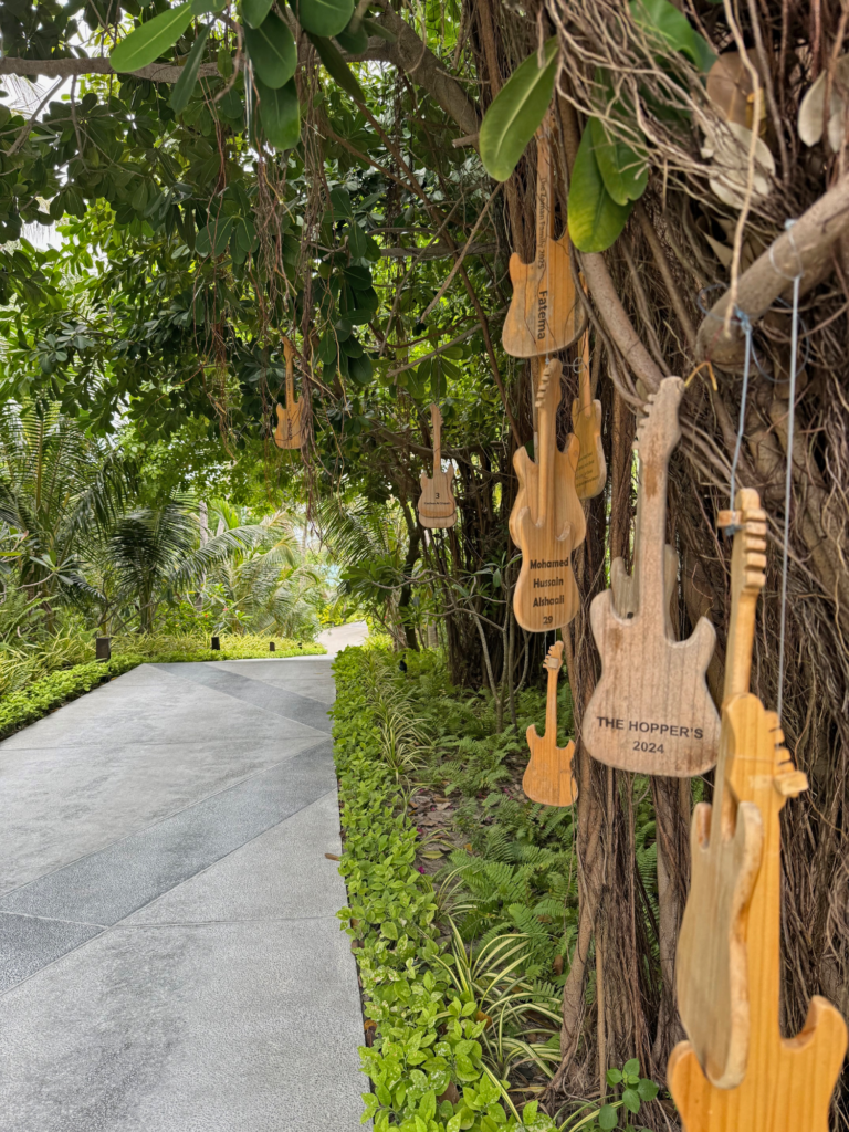 Gitarer i treverk som henger fra et tre.