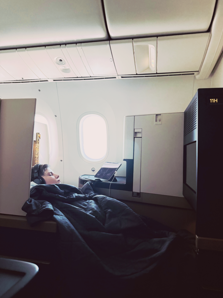 Leander sover på flyet.